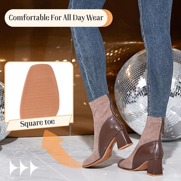 Women's Brown Square Toe Low Block Heel Chelsea Back Zipper Mid Calf Booties - Picture 5 of 6